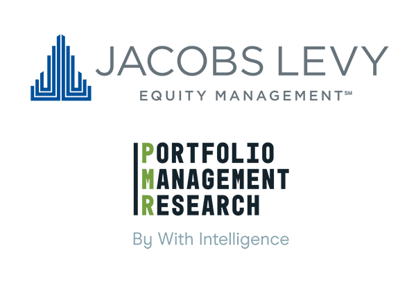 Logos for Jacobs Levy Equity Management and Portfolio Management Research by With Intelligence, featuring stylized text and graphics.