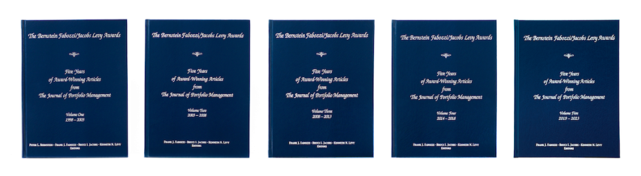 Four blue book covers titled "The Bernstein Fabozzi/Jacobs Levy Awards," showcasing volumes one to four. Each covers five years of award-winning articles from "The Journal of Portfolio Management," spanning 1998 to 2018. Editors include